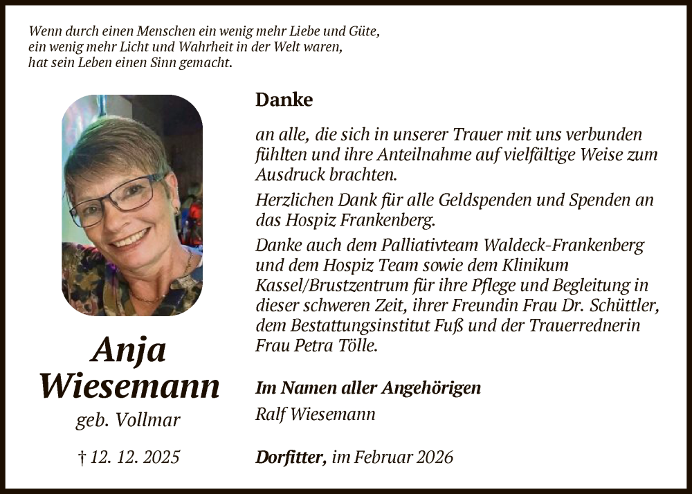  Traueranzeige für Anja Wiesemann vom 07.02.2026 aus WLZHNA