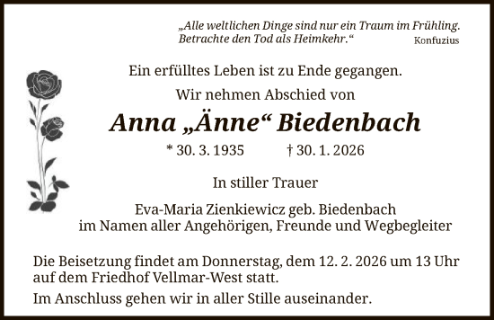 Traueranzeige von Anna Biedenbach von HNA