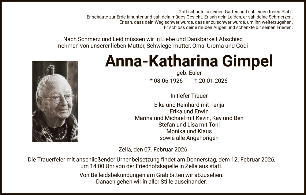  Traueranzeige für Anna-Katharina Gimpel vom 07.02.2026 aus HNA
