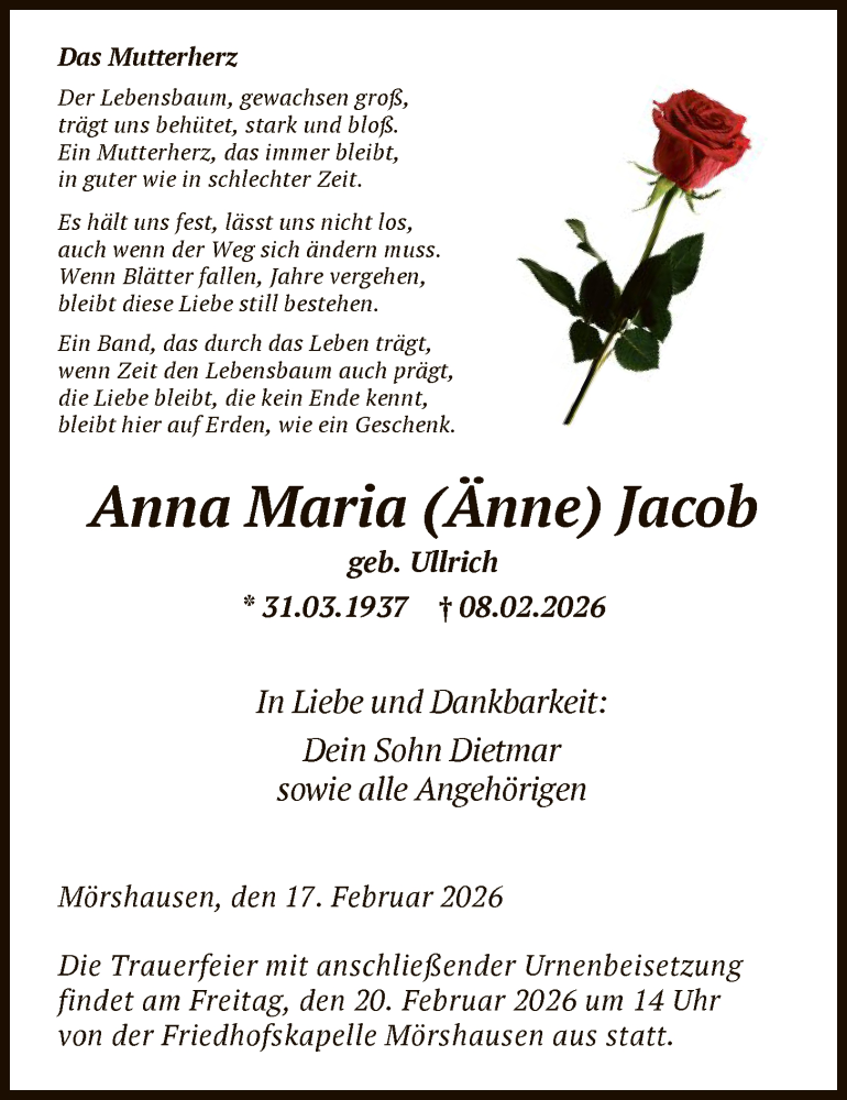 Traueranzeige für Anna Maria   Jacob vom 17.02.2026 aus HNA