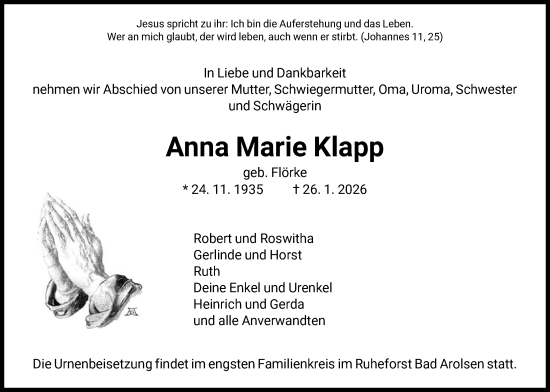 Traueranzeige von Anna Marie Klapp von HNA