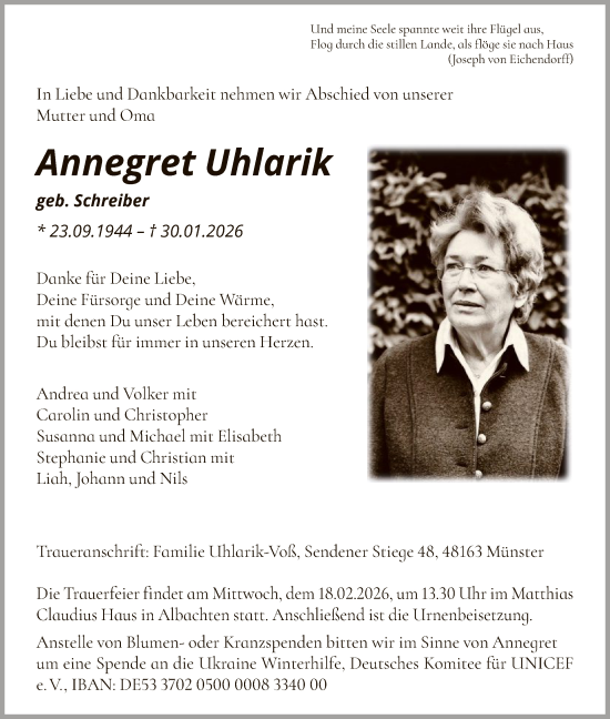 Traueranzeige von Annegret Uhlarik von HNA