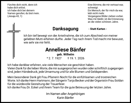 Traueranzeige von Anneliese Bänfer von HNA
