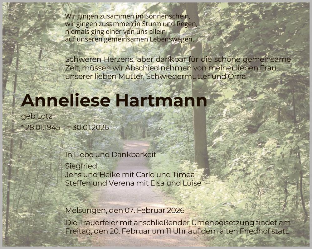  Traueranzeige für Anneliese Hartmann vom 07.02.2026 aus HNA