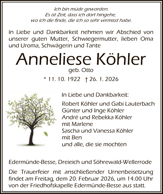 Traueranzeige von Anneliese Köhler von HNA
