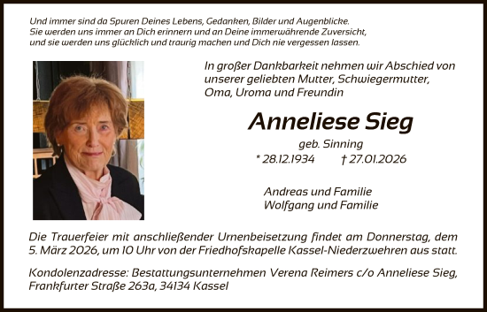 Traueranzeige von Anneliese Sieg von HNA