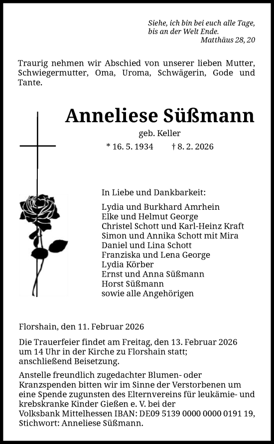 Traueranzeige von Anneliese Süßmann von HNA