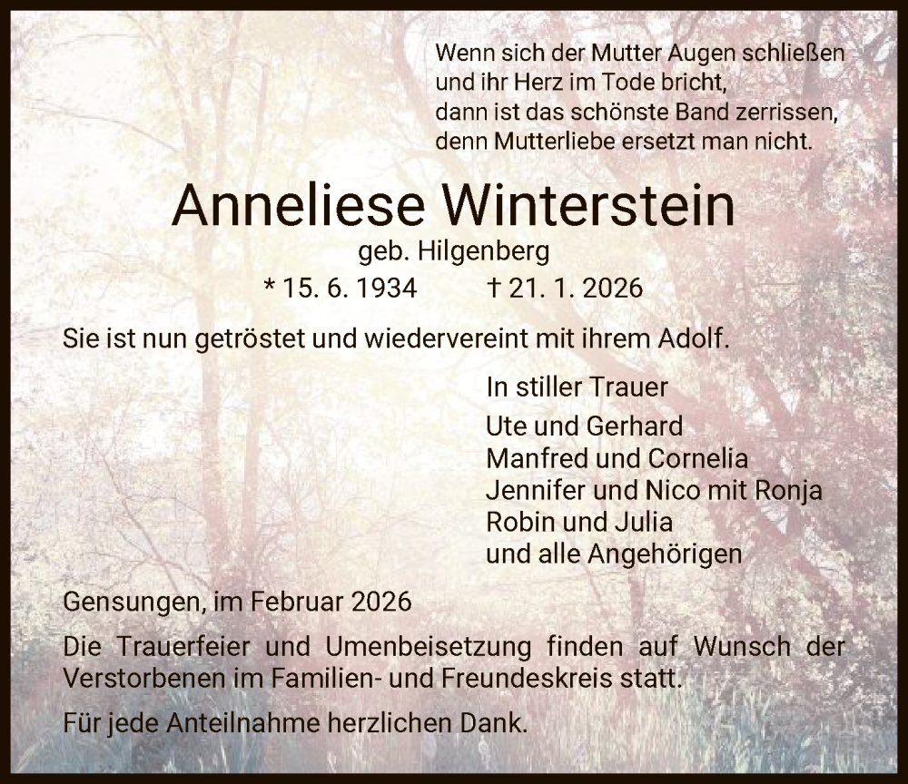  Traueranzeige für Anneliese Winterstein vom 07.02.2026 aus HNA