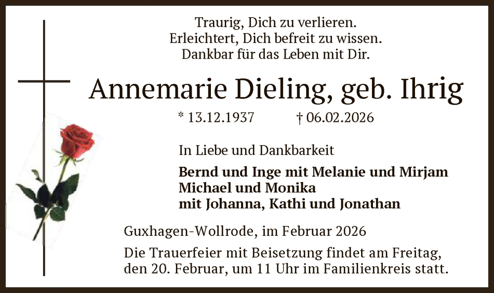  Traueranzeige für Annemarie Dieling vom 14.02.2026 aus HNAHNA