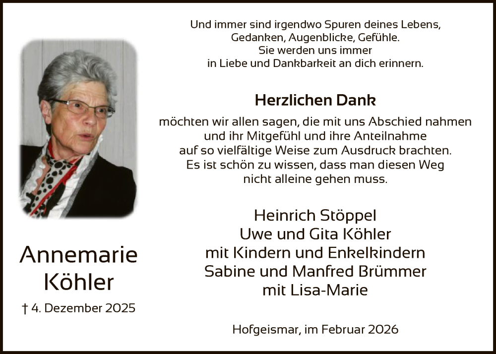  Traueranzeige für Annemarie Köhler vom 14.02.2026 aus HNAHN