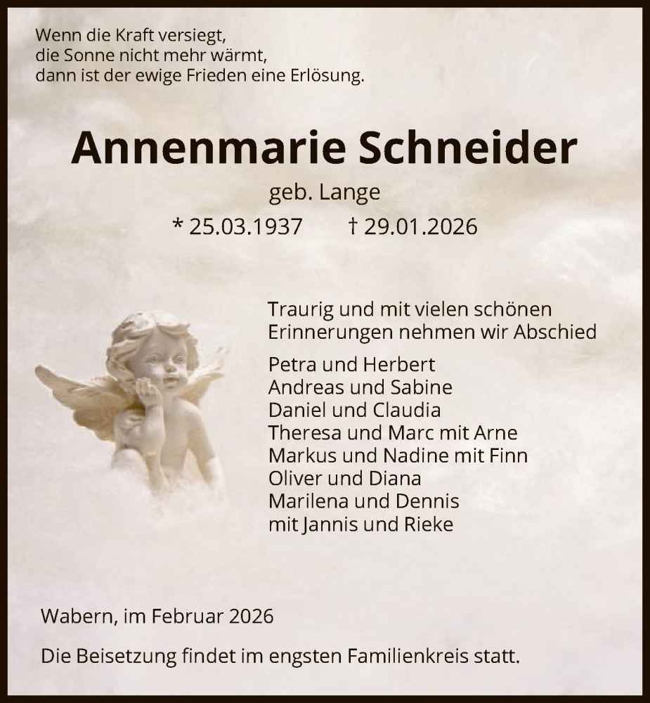  Traueranzeige für Annemarie Schneider vom 07.02.2026 aus HNA