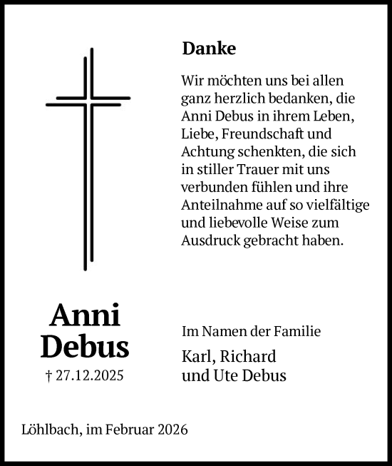Traueranzeige von Anni Debus von HNAWLZ