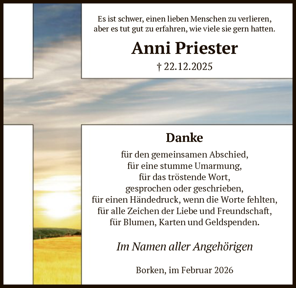  Traueranzeige für Anni Priester vom 07.02.2026 aus HNA