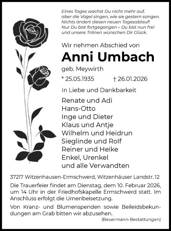 Traueranzeige von Anni Umbach von HNA