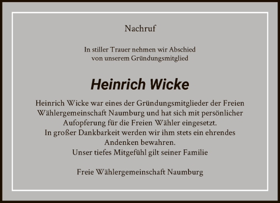 Traueranzeige von Heinrich Wicke von HNA