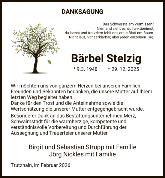 Traueranzeige von Bärbel Stelzig von HNA