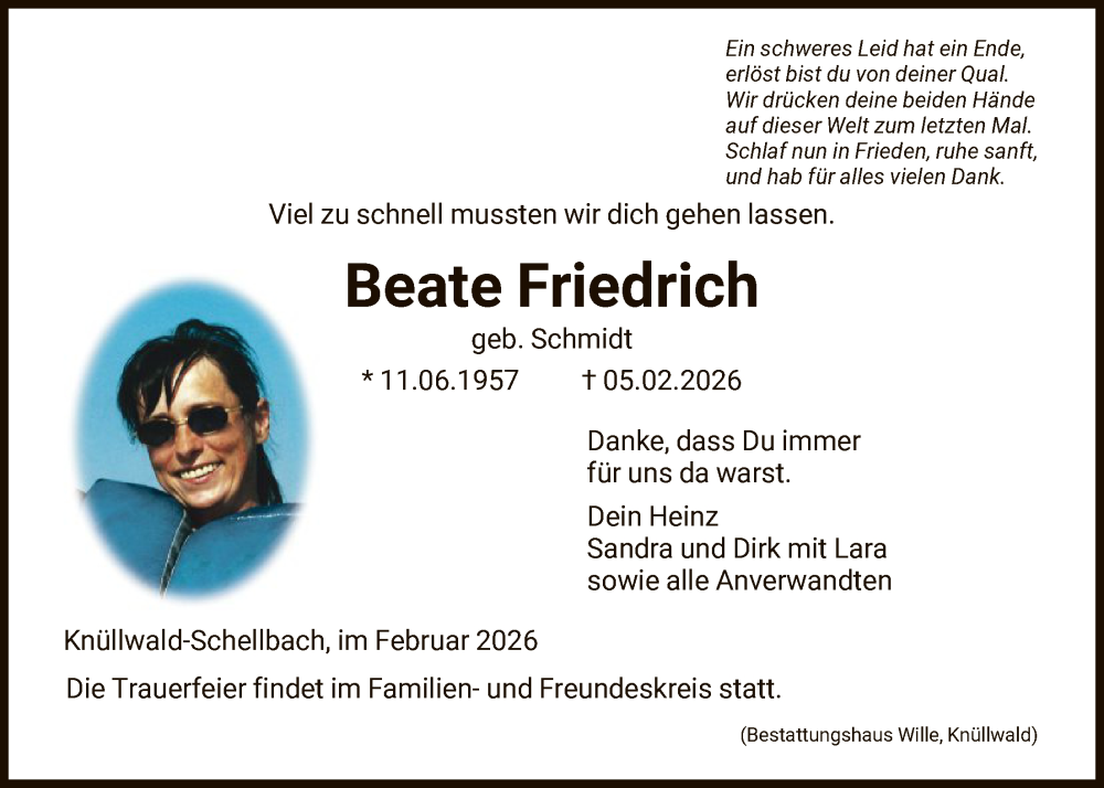 Traueranzeige für Beate Friedrich vom 14.02.2026 aus HNAHNA