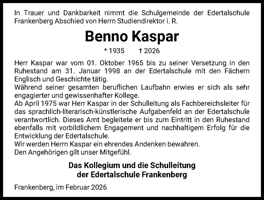  Traueranzeige für Benno Kaspar vom 06.02.2026 aus HNA