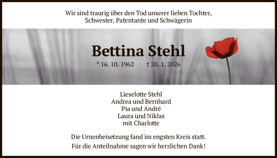 Traueranzeige von Bettina Stehl von HNA