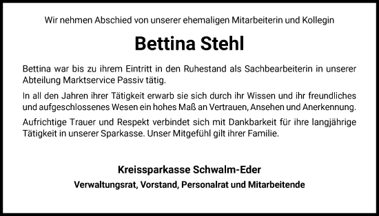 Traueranzeige von Bettina Stehl von HNA