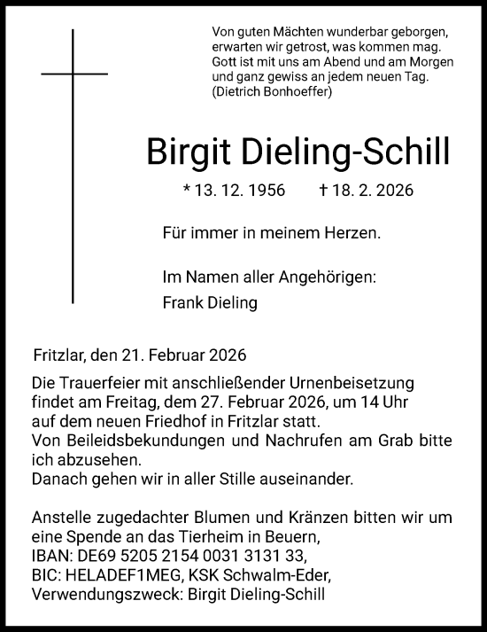 Traueranzeige von Birgit Dieling-Schill von HNA