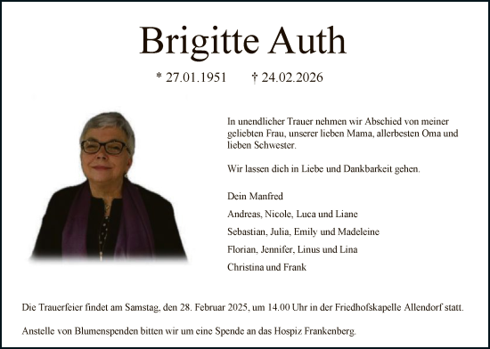 Traueranzeige von Brigitte Auth von HNA