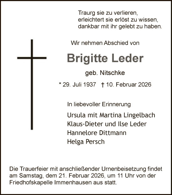 Traueranzeige von Brigitte Leder von HNA