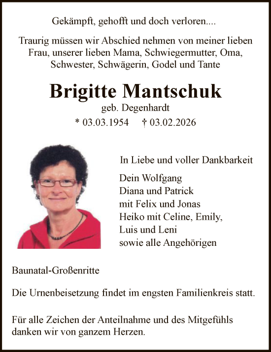 Traueranzeige von Brigitte Mantschuk von HNA
