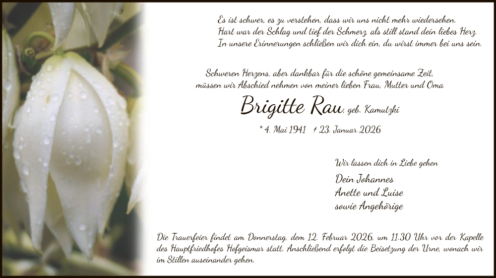 Traueranzeige für Brigitte Rau vom 07.02.2026 aus HNA