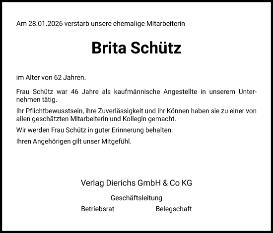 Traueranzeige von Brita Schütz von HNA