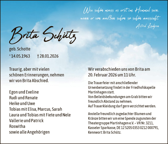 Traueranzeige von Brita Schütz von HNA
