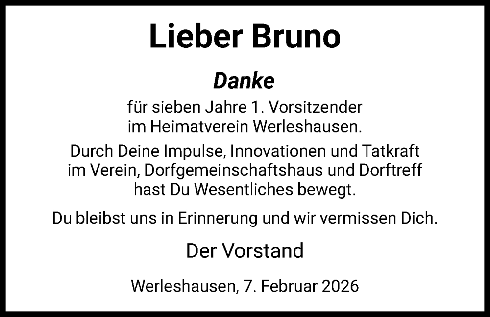  Traueranzeige für Bruno Inkermann vom 07.02.2026 aus HNA