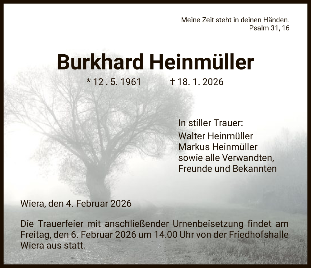  Traueranzeige für Burkhard Heinmüller vom 04.02.2026 aus HNA