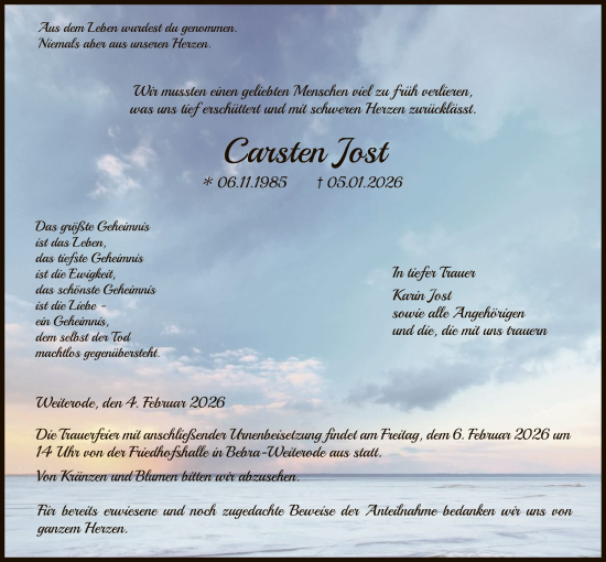 Traueranzeige von Carsten Jost von HNA