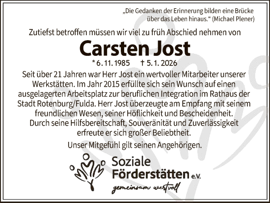 Traueranzeige von Carsten Jost von HNA