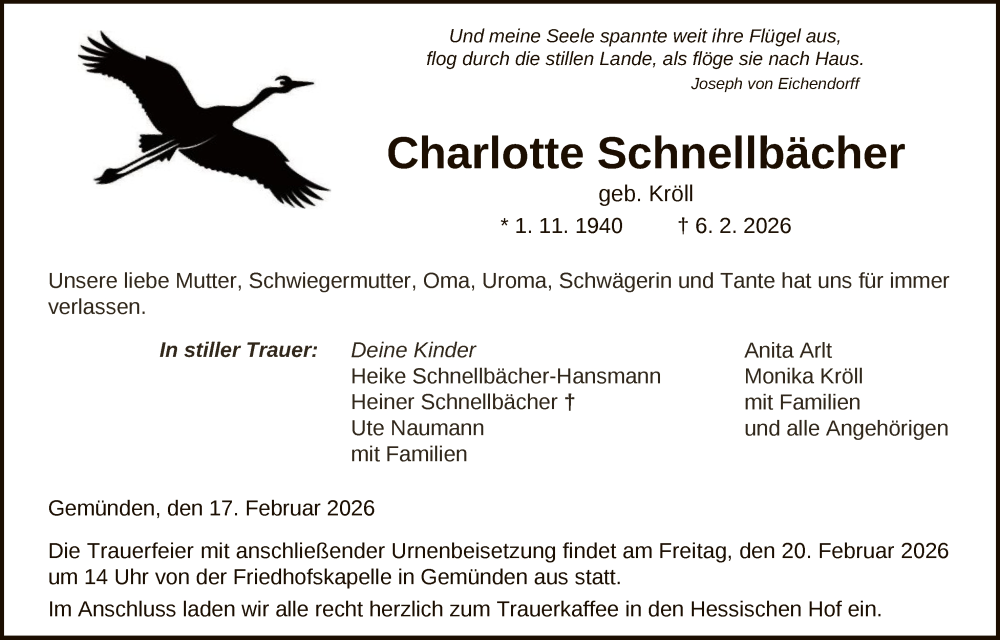  Traueranzeige für Charlotte Schnellbächer vom 17.02.2026 aus HNA