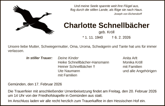 Traueranzeige von Charlotte Schnellbächer von HNA