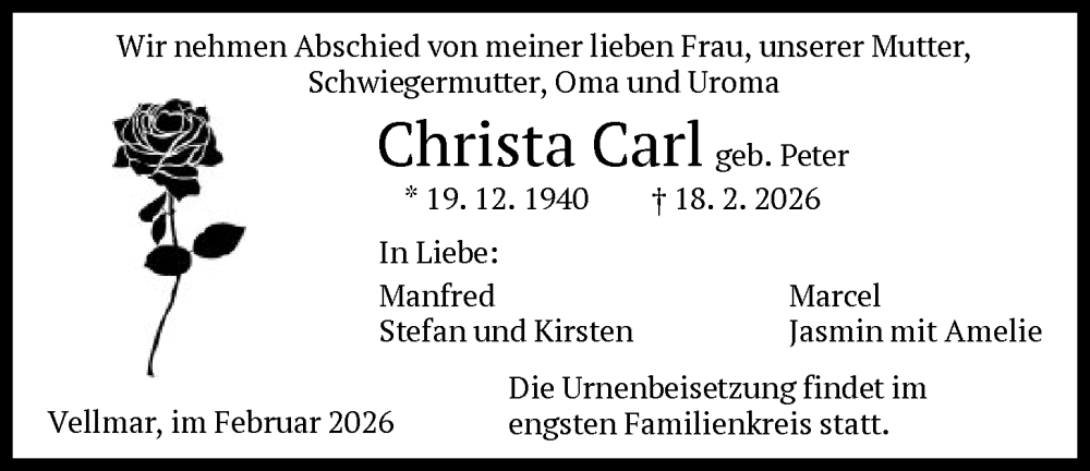  Traueranzeige für Christa Carl vom 21.02.2026 aus HNA