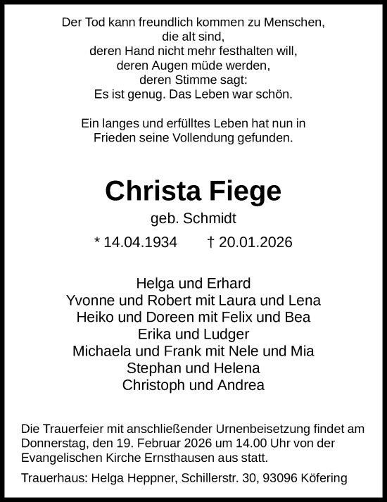 Traueranzeige von Christa Fiege von HNA