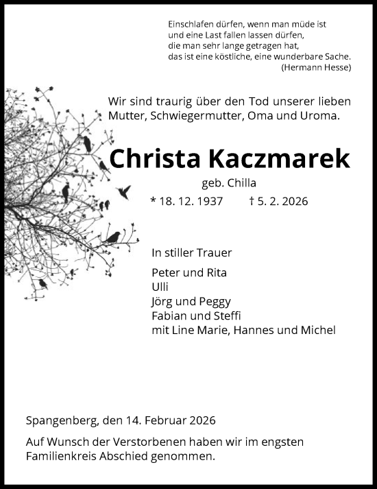 Traueranzeige von Christa Kaczmarek von HNA
