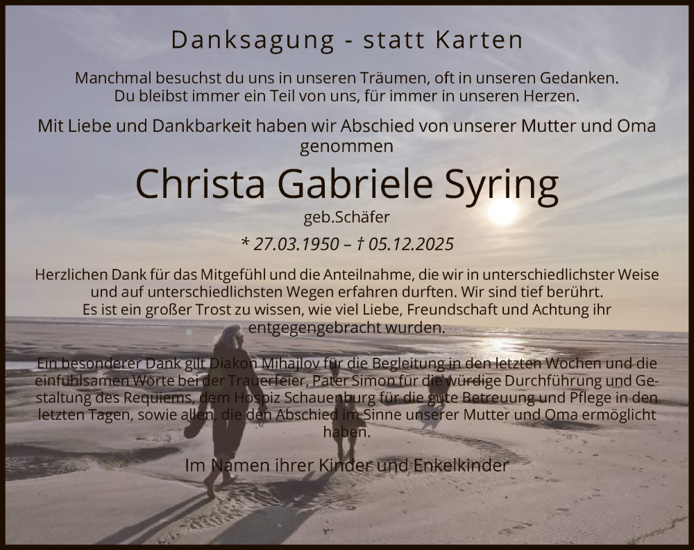  Traueranzeige für Christa Gabriele Syring vom 05.02.2026 aus HNA