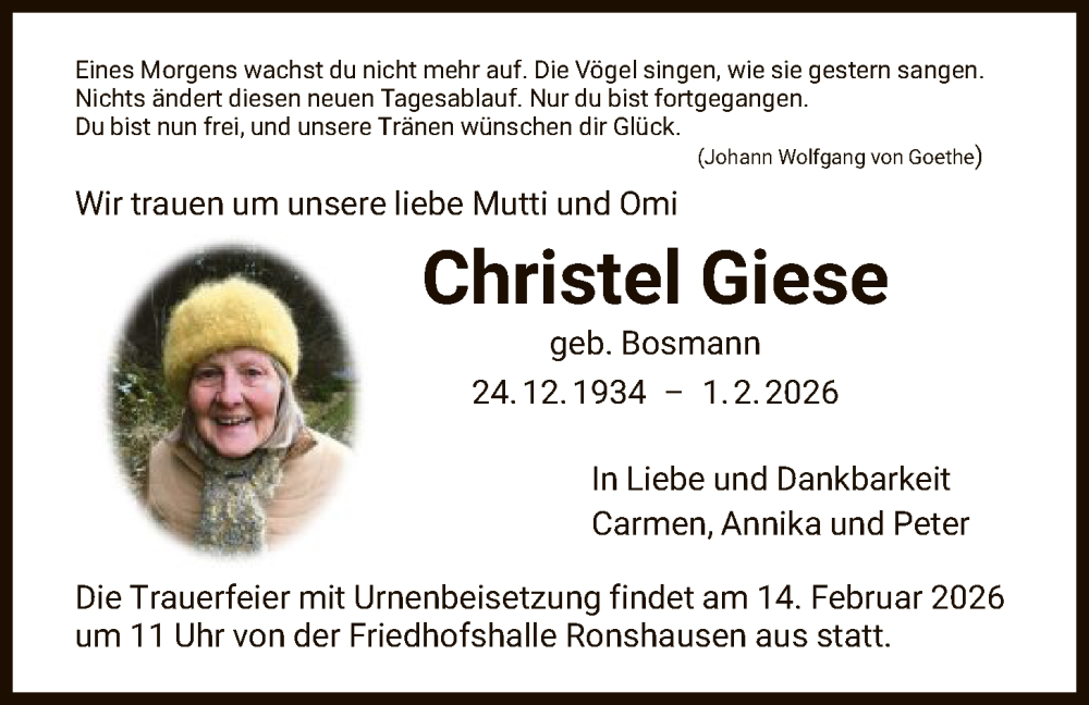  Traueranzeige für Christel Giese vom 07.02.2026 aus HNA