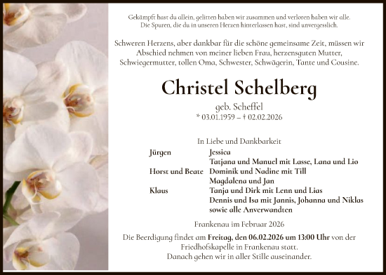 Traueranzeige von Christel Schelberg von HNA