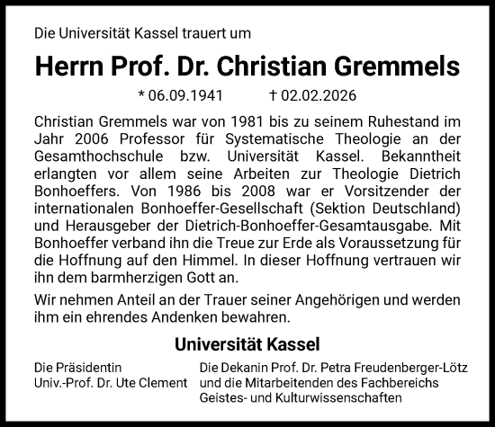 Traueranzeige von Christian Gremmels von HNA