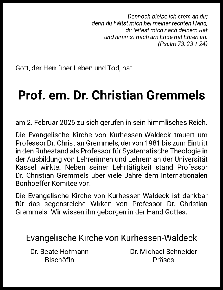  Traueranzeige für Christian Gremmels vom 07.02.2026 aus HNA