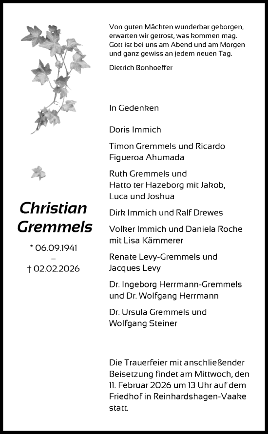 Traueranzeige von Christian Gremmels von HNA