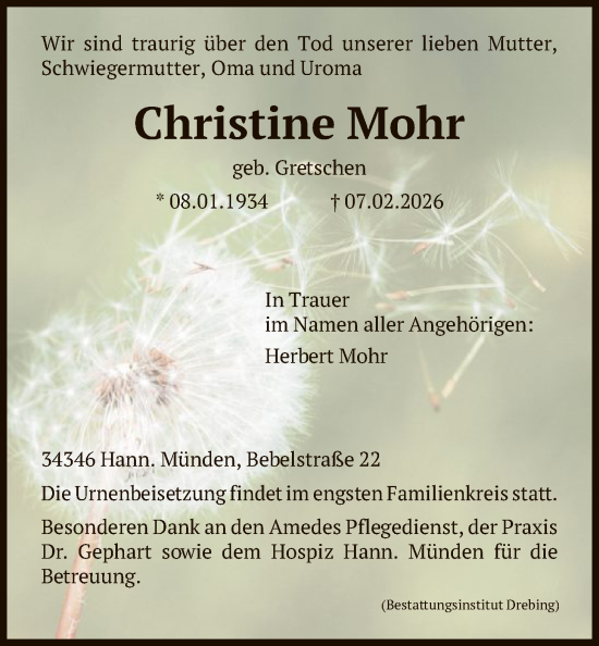 Traueranzeige von Christine Mohr von HNA