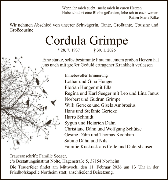 Traueranzeige von Cordula Grimpe von HNA