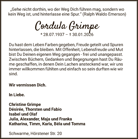 Traueranzeige von Cordula Grimpe von HNA