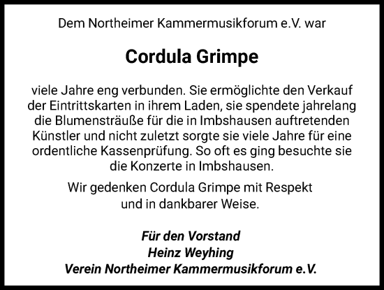 Traueranzeige von Cordula Grimpe von HNA
